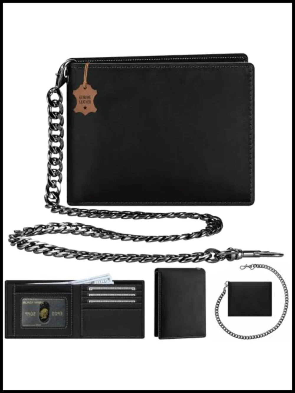 Genuine Leather Bifold Wallet with Chain - RFID Blocking, Holds 12+ Cards
